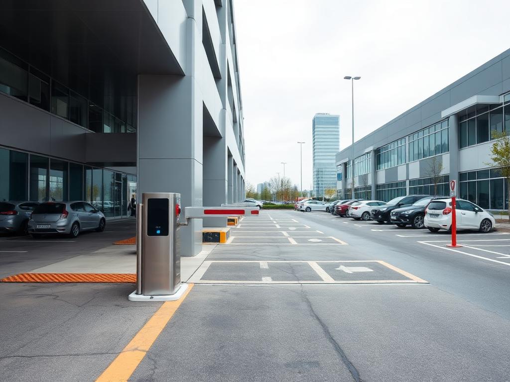 Modern ofis otoparkı girişinde otomatik bariyer sistemi